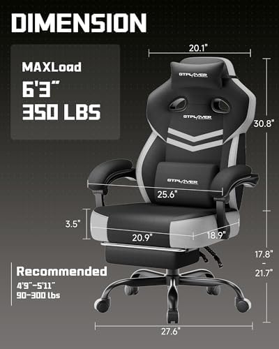 GTPLAYER Big & Tall Gaming Chair, Wide Seat with Footrest, Black & Gray
