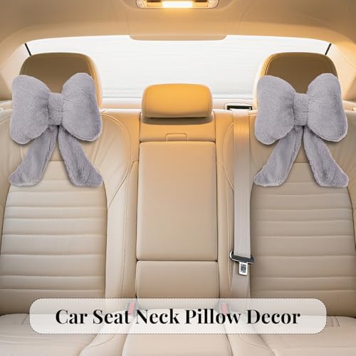 Bow Car Headrest Pillows Plush Car Neck Pillows for Travel Driving Office Chair Head Support Cushions, Also Cute Car Decor Accessories (2PCS Grey)