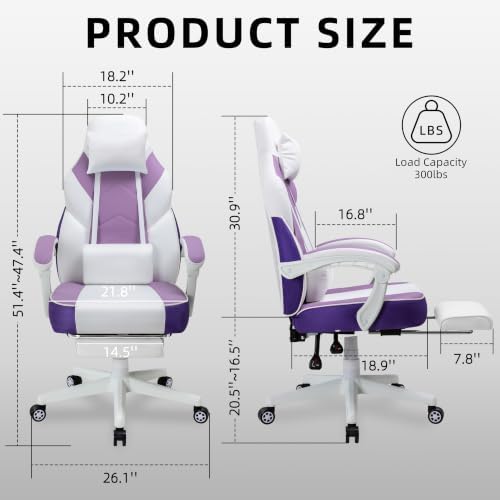 Gaming Chair Ergonomic Computer Gaming Chairs with Footrest, Massage Lumbar Support, Height Adjustment, and 360° Swivel Seat (Purple)