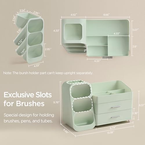 HBlife Makeup Organizer with Brush Holder for Vanity, Large Plastic Bathroom Countertop Organizer Skin Care Storage, Easy to Store Lipsticks, Nail Polishes, Perfumes, Eyeshadow Palettes, All Green