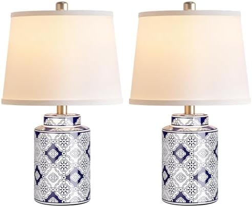 Bedside Lamps Set of 2，Blue and White Ceramic Table Lamps for Living Room