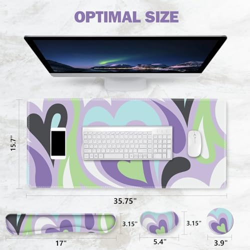 ToLuLu Extended Gaming Mouse Pad, Memory Foam Ergonomic Keyboard Mouse Wrist Rest Support Set, Large Desk Mat with Stitched Edges, Non-Slip Base Mousepad for Home Office Game Study, Purple Hearts