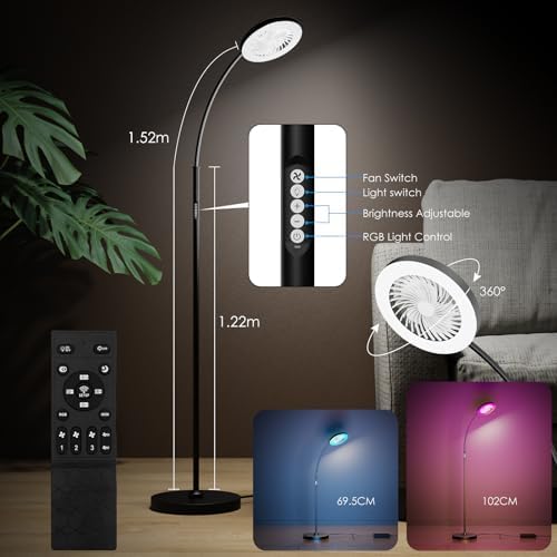 Floor Fan with Light, 26W LED RGB Dimmable Standing Lamp