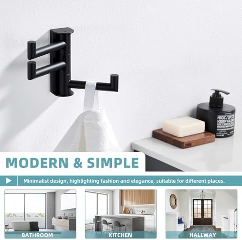 Suyar Swivel Towel Hook with 3 Arms, Bathroom Coat Robe Holder Matte Black