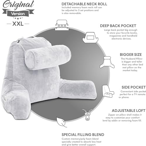 Husband Pillow XXL The Original for Adults - 30" Tall Backrest for Sitting Up in Bed - Firm Support Reading & Bed Rest Pillows for Adults, Neck Roll, Removable Cover - TV - Light Grey