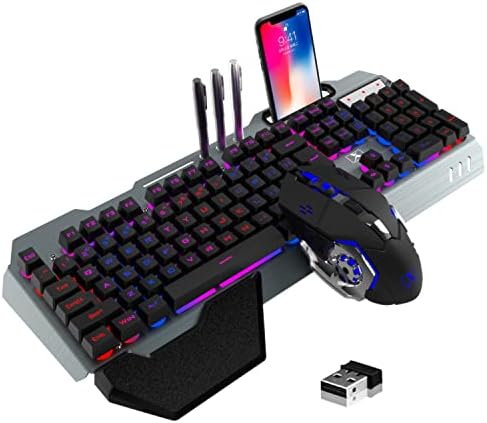 Wireless Gaming Keyboard and Mouse Combo,Rainbow LED Backlit Keyboard with Rechargeable 3800mAh Battery Metal Panel,Removable Wrist Rest Mechanical Feel and 7 Color Mute Gaming Mice for PC PS4 PS5