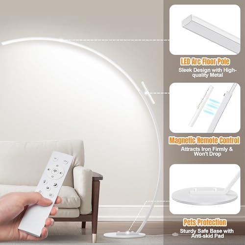 2000LM Ultra-Wide Coverage LED Lamps for Living Room with 3 Color Temperatures, White Dimmable Arc Floor Lamps, Modern Standing Tall Lamp with Remote Control Reading Floor Lamp for Bedroom Office