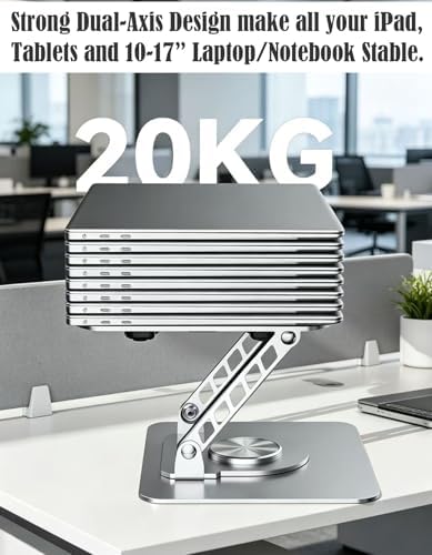 Laptop Tablet Cooling Stand with 360° Rotation Base and USB Dual Cooler, Adjustable Height Support Compatible with Tablets, iPad, 10-17" Notebook (Silver)