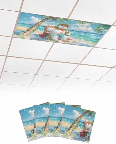 Christmas Magnetic Fluorescent Light Covers for Ceiling Lights 2 x 4 Feet,Beach Snowman Hawaii Tropical Tree Blue Green Office Classroom Kitchen Drop Ceiling Light Covers Filters Shade Panel 4 Packs