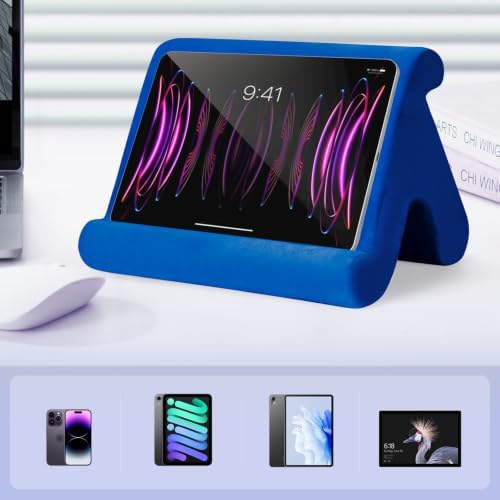 Universal Multi-Angle Tablet Stand Holder-Soft Pad Stand with black phone holder for Lap,Knee,Sofa and Bed,Compatible with iPad Pro 9.7,10.5,12.9 Air Mini 4 3,Kindle,Galaxy Tab,E-Reader (Blue)