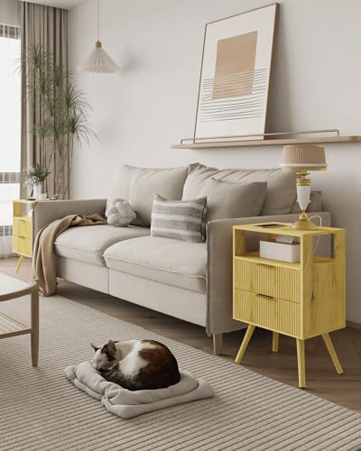 JOONEE Nightstand with Charging Station and LED Lights,Modern Bedside Table with 2 Storage Drawer and Open Wood Shelf, for Bedroom and Small Spaces,Night Stand with Solid Wood Legs (Yellow Oak)