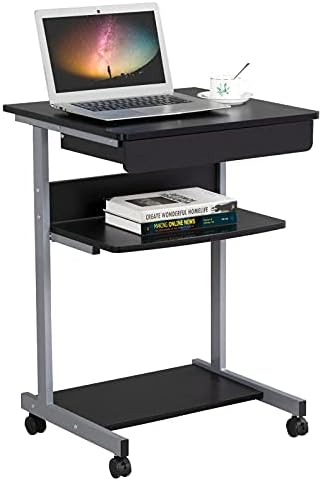 Topeakmart Rolling Desk with Drawer & Printer Shelf, Sturdy Steel Frame, Black