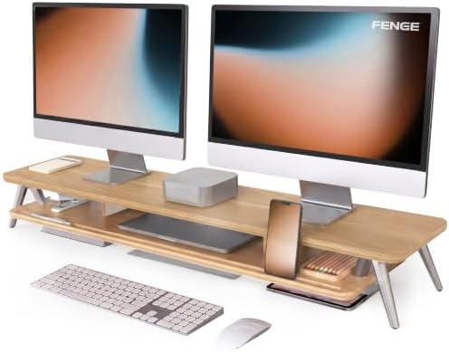 Fenge Dual Monitor Stand Riser, Wooden Desk Shelf with 2-Tier Storage