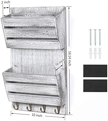 Wood Mail Organizer Wall Mount, Mail and Key Holder for Wall with Hooks, Wall Hanging File Letter Notebooks Storage Rack Decorative for Office or Home