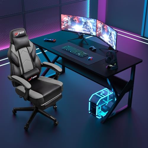 Gaming Chair, Computer Chair with Footrest and Lumbar Support,Video Game Chair Height Adjustable,Racing Style Computer Chair with 360°-Swivel Seat and Headrest (Grey)