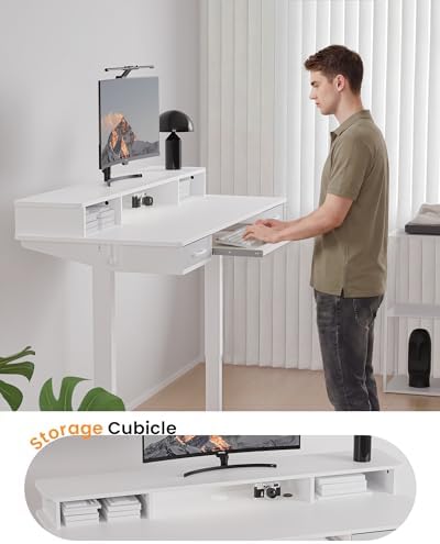 Electric Standing Desk with Keyboard Tray, 63x24 Inches Height Adjustable Stand up Desk with 2 Drawers, Ergonomic Sit to Stand Table with Storage Monitor Stand, White