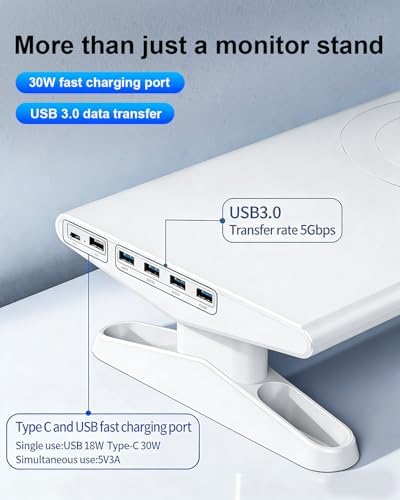 Computer Monitor Stand Riser for Desk with Usb Hub Charging,30W/5Gbps Usb C Docking Station with Power,4.4-5.7'' Height Adjustable with Phone Holder,Monitor Stands Riser for PC,Laptop,Printer(White)