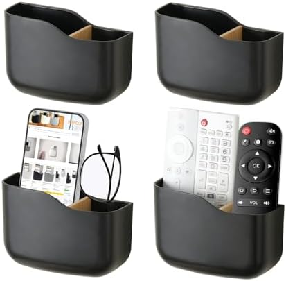 SUNFICON Wall Mount Remote Holder TV FAN Remote Control Holder Bedside Caddy Wall Organizer Phone Holder for Office Adhesive Media Player Controller Holder Box Tray Home Desk Nightstand 4 PACK BLACK