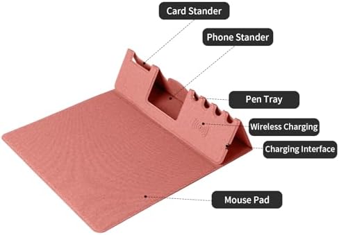 Mouse Pad with Phone Holder & Pen Holders, Wireless Charging Desk Mat, Mousepad Home Office Desk Pad with Ultra-Smooth Surface, Non-Slip Base, Waterproof Keyboard Pad, Classic Pink Desk Mat