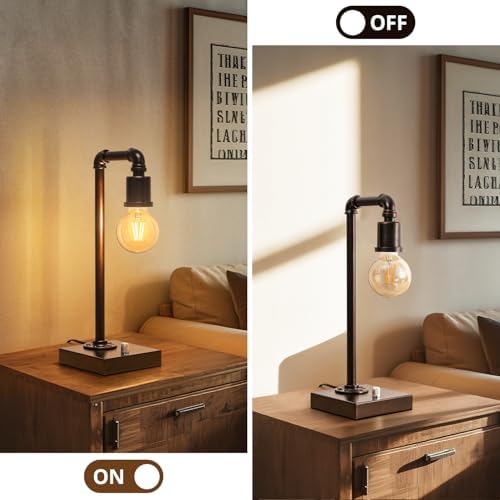 Industrial Table Lamp with Water Pipe Design, Fully Dimmable Bedside Lamp