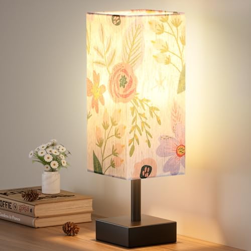 aooshine Small Bedside Table Lamp for Bedroom - Square Floral Fabric Shade