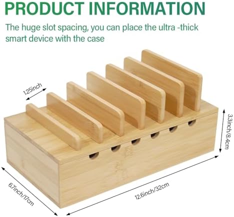 Bamboo Charging Station for Multiple Devices, Desk Docking Stations Organizer Compatible with iPhone Devices, Wood Charging Cell Phone Holder Stand (Includes 6 Cables) (NO Power Supply)