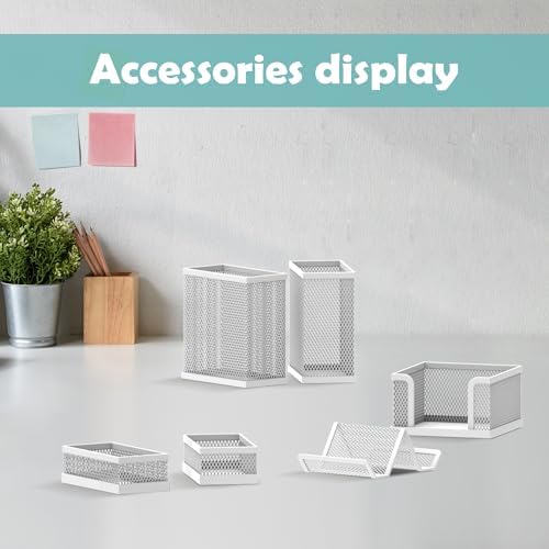 Pen Holder for Desk, 6-Piece Mesh Desk Organizer with Phone Holder, White