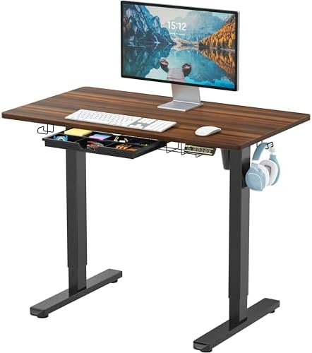 SHW 40-Inch Electric Height Adjustable Standing Desk w/Drawer, Walnut