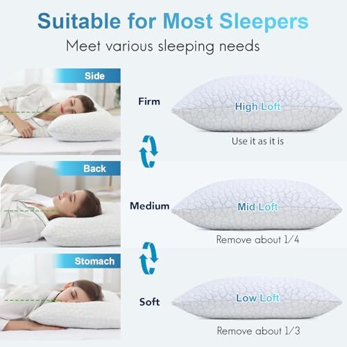 QUTOOL Cooling Pillow for Sleeping, CertiPUR-US Shredded Memory Foam Standard Pillow Set of 1, Cool Pillow for Hot Sleepers Adjustable Firm Pillow for Side,Back,Stomach Sleepers Soft Yet Support,White