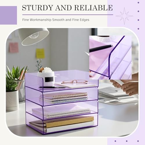 Harloon 4 Tier Paper Organizer Clear Purple Letter Tray Acrylic File Tray