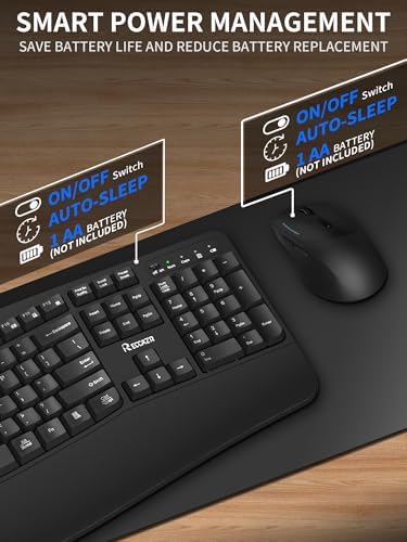 Wireless Keyboard and Mouse Combo,2.4G Full Size Wave Keys Ergonomic Keyboard with Wrist Rest for Natural Typing, 3 DPI Adjustable Ergonomic Silent Mouse for Computer/Laptop/Windows/Mac (Black)