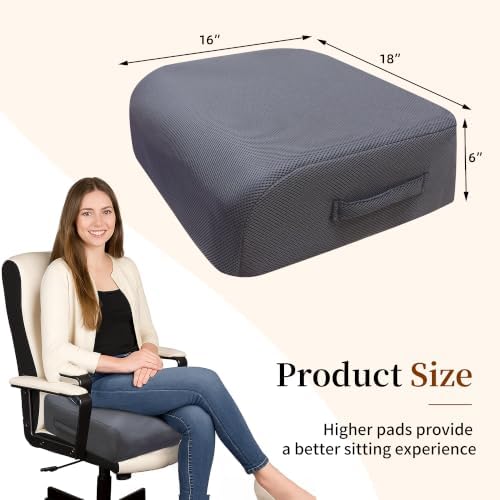 6" Extra Thick Memory Foam Office Chair Cushion – 2-Layer Booster Seat for Back & Tailbone Pain Relief, 18 x 16 x 6in Non-Slip Cushion with Carry Handle for Wheelchair, Car, and Airplane