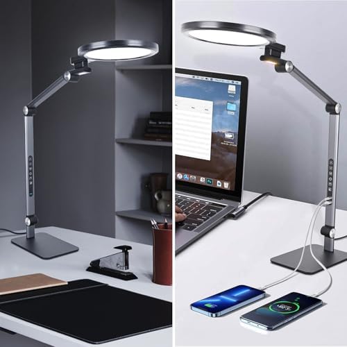LED Desk Lamp for Home Office with Full Spectrums Eye Care, 5 Color Color 5 Brightness, 4-Axis Flexible Rotation, Dual Output Charging, Memory & Timer Func, Desk Lamps with Small Night Light