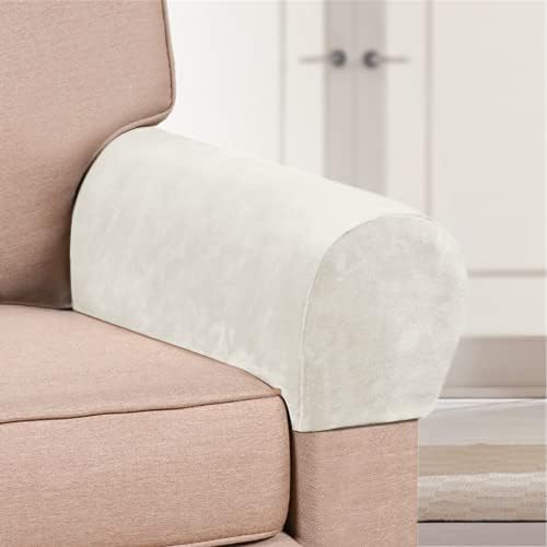 2 Pack Velvet Stretch Armrest Covers - Non Slip Sofa Chair Covers, Soft Elastic Arm Protectors for Living Room Couch, Office Chair, Recliner (White)