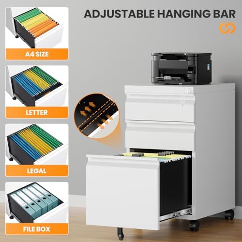 3 Drawer File Cabinet, Fully Assembled Mobile File Cabinets with Lock for Home Office, Metal Rolling Filing Caninet on Wheels, Three Drawer Under Desk Cabnet for Letter/Legal / A4 - White