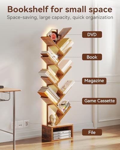 Casaottima Tree Bookshelf with LED Lights, 8-Tier Small Bookshelf, Vintage