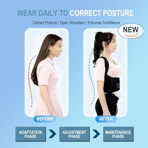 Posture Corrector for Women,Back Brace Adjustable Upper Posture Support, with 3 Thicker Support Ribs, One-Piece Back Design, Spine Alignment & Lower Back Pain Relief (Black, Medium)