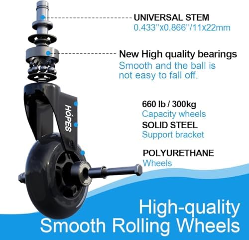 HOPES Office Chair Wheels Replacement Set of 5 – Heavy Duty Rubber Casters, Smooth & Quiet Rolling for Hardwood Floors and Carpet, Universal Stem, No Floor Mat Needed (Black, 2inch-660lbs)
