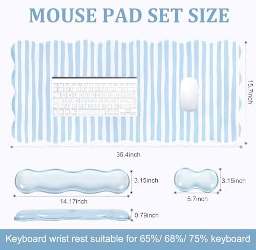 L-SPOUTTO Blue Striped Mouse Pad Set,Scalloped XXL Desk Mat + Ergonomic Mouse Wrist Rest + Gel Keyboard Wrist Rest for Keyboard 65%/75%,3in1 Large Desk Pad for Desktop Home Office Computer Game