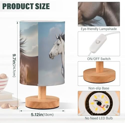 Bedside Lamp Horses Table Lamp for Bedroom LED Nightstand Lamp Shade USB Ports Wood Base for Living Room Dorm Office