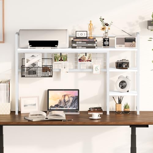 Snughome Desk Shelf, 44.9" Desktop Organizer Shelf, Desk Hutch for Computer Monitor, 4 Tier Desk Display Rack with Pegboard Hooks Set, Wood Desktop Bookshelf for Home Office Dorm