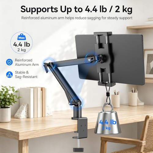 iPad Desk Mount Holder, Sturdy Aluminum Arm with C-Clamp for Desk & Bedside