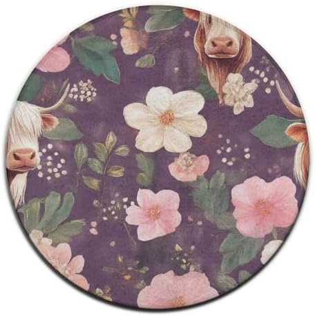 Large Round Area Rug Home Decor Modern Bathroom Rug Kitchen Office Circle Rug for Living Room Sofa Circle Cute Mat Highland Cow Pink Flowers Art, 60inch