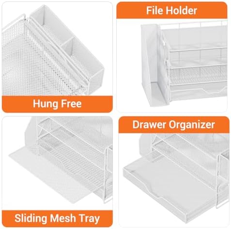 4-Tier Desk File Organizer with Drawer & Pen Holder (White)
