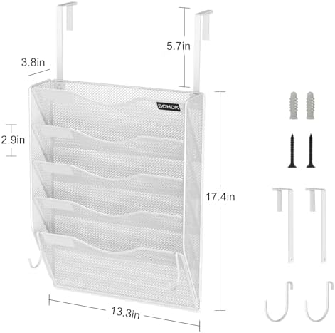 BOHDK Wall File Organizer, 5 Tire Hanging File Folder Organizer, Vertical Mesh Metal Door/Wall Mount Hanging File Holder, Paper Document Magazine Rack with Hooks for Home Office White