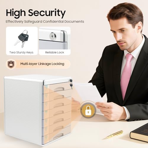 Desk Organizer with 7 Drawers, Metal Desktop Storage Cabinet File Holder with Locks and Keys, Filing Case Literature Organizer for Office Home, L11.8*D14*H16in, Silver & Grey