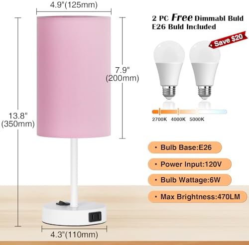 ZJOJO 13.8'' Pink Small Table Lamp Set of 2 for Bedroom Bedside, AC Outlet