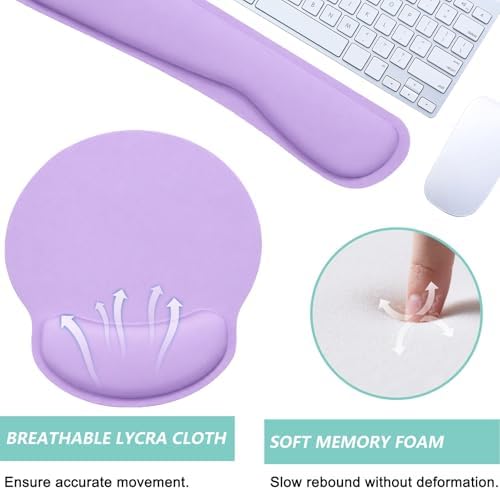 Keyboard Wrist Rest Pad Mouse Pad with Wrist Support Set of 3, Mousepad with Non-Slip Rubber Base, Ergonomic Memory Foam Mouse Wrist Cushion Support for Home Office Laptop Computer Gaming, Purple