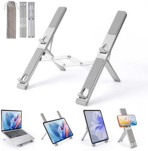 LIENS Laptop Stand, Adjustable Aluminum Ergonomic Riser - 7-Angle, Foldable Portable Ventilated Cooling, Compatible with MacBook Air Pro, HP, Dell, Lenovo, All 10-17 Inch Laptops (Silver)