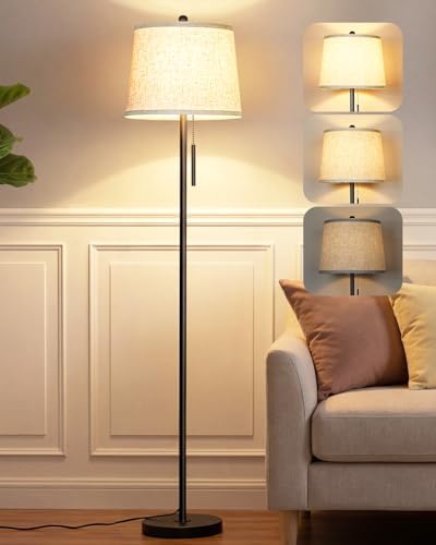 JUNNAI 【Upgraded】 Modern Black Floor Lamp 63in Standing Lamp for Living Room Bedroom Office 3 Way Brightness Dimmable Tall Pole Light with Beige Linen Shade Metal Shade 8W 3000K LED Bulb Included